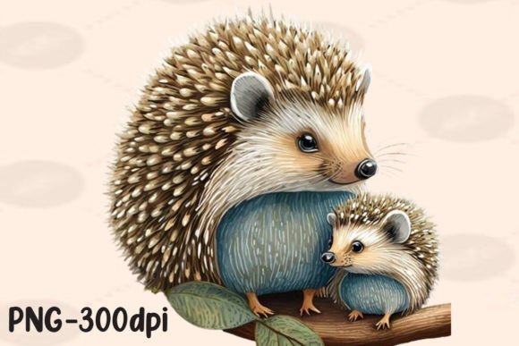 Folk Art Hedgehog Mother and Baby PNG