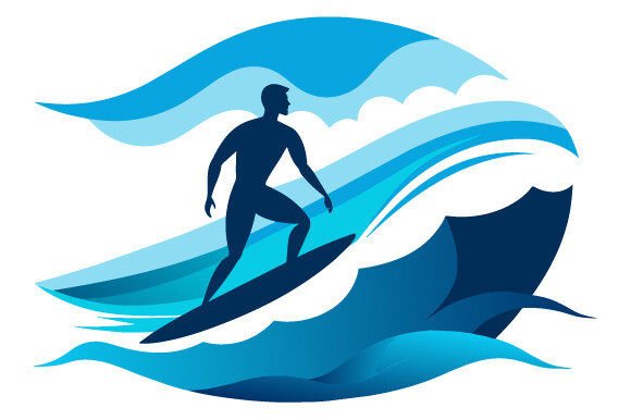Man Surfing the Sea: White Backdrop, Black